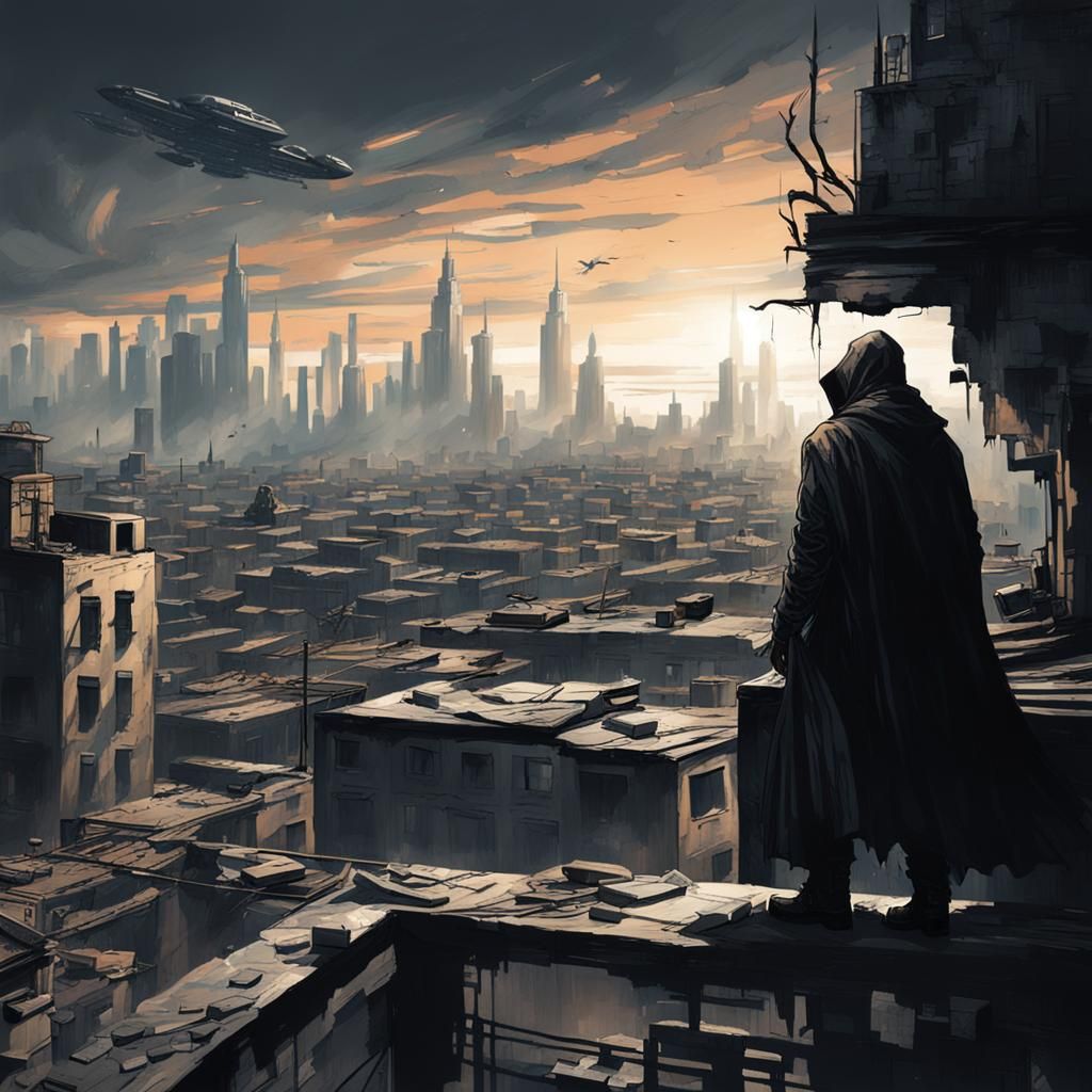 Dark Figure Watches War-Torn Futuristic City