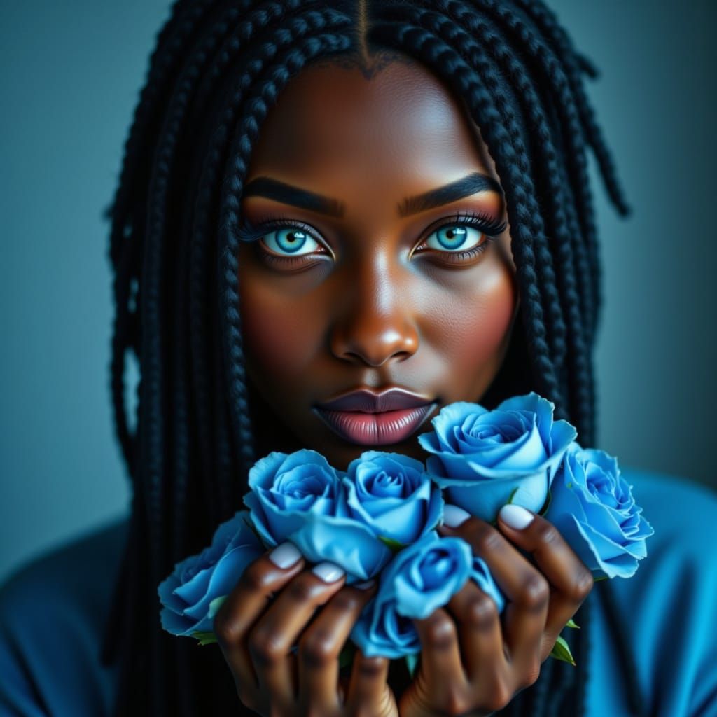 African Maiden with Light Blue Roses in Ethereal Style