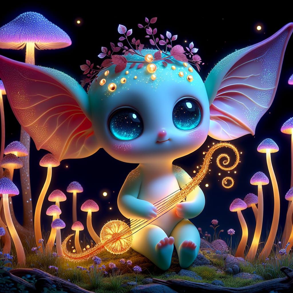 Cute Mythological Being in Bioluminescent Forest