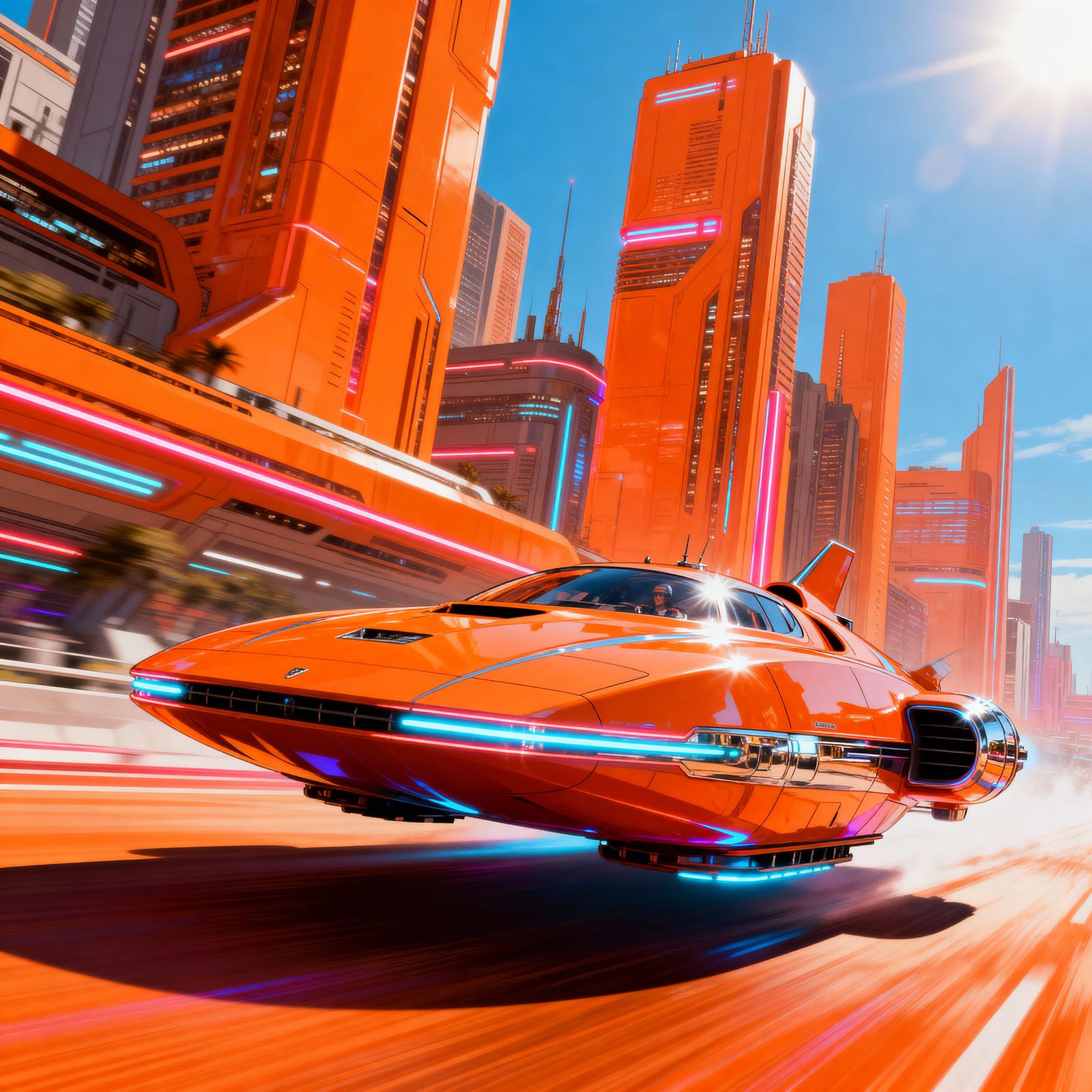 Retro Futuristic Hovercraft Speeds Through Neon Cityscape