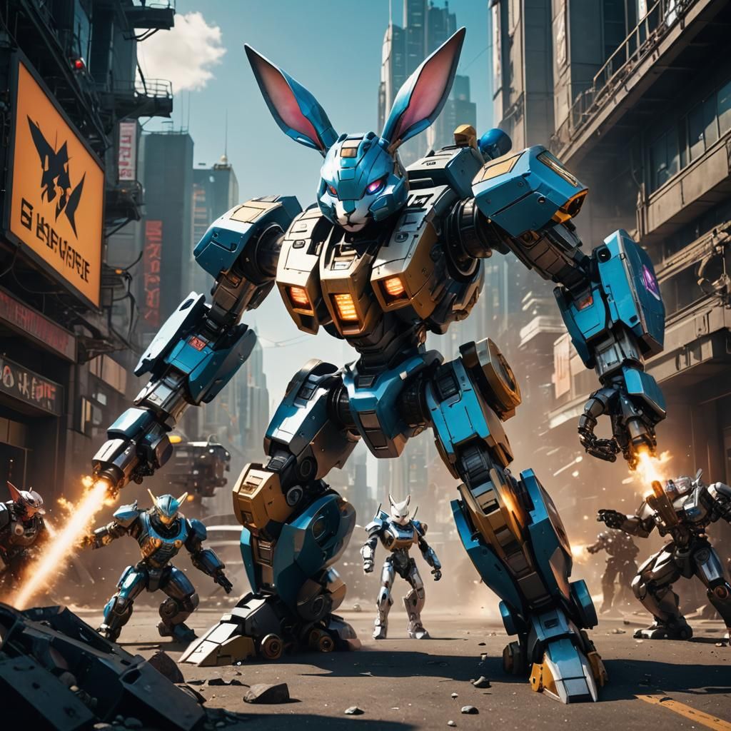 Mecha Bunny vs Techno Kitty in Cyberpunk Cityscape