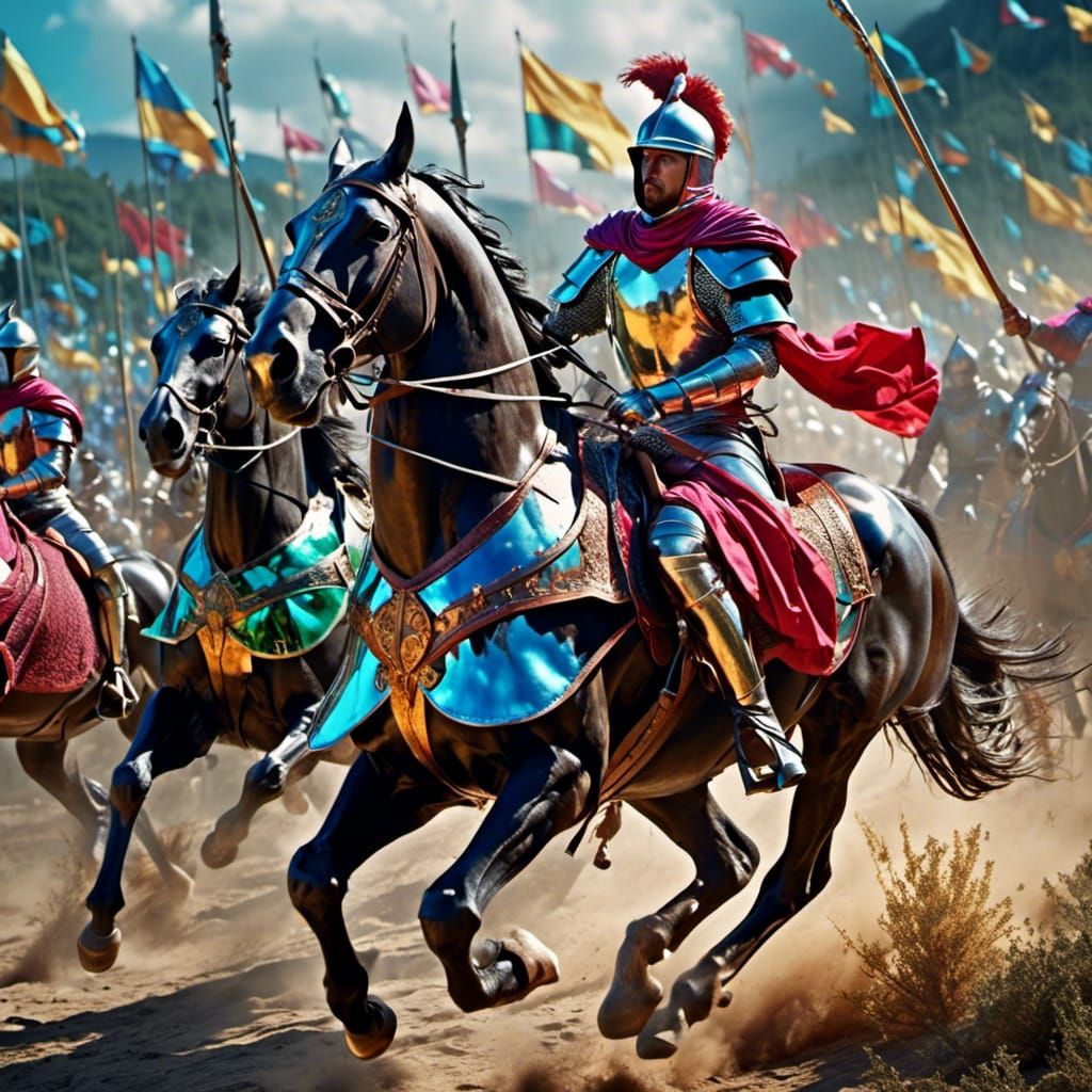 Medieval Knights Charging in Bright Colors, Digital Painting