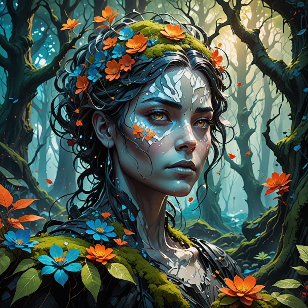 Vibrant Forest Scene in Bold Oil Painting Style