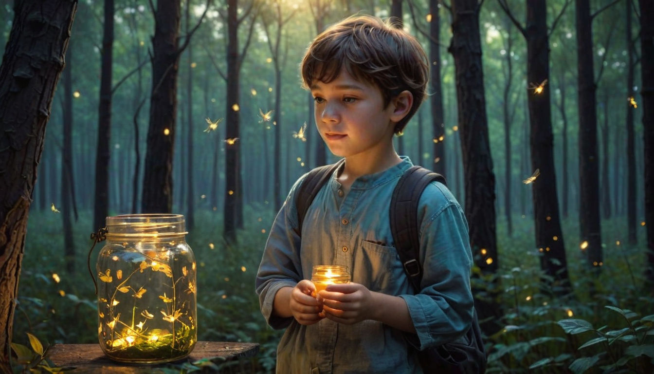 Boy in Dark Forest Captures Fireflies in Glass Jar Under Glo...