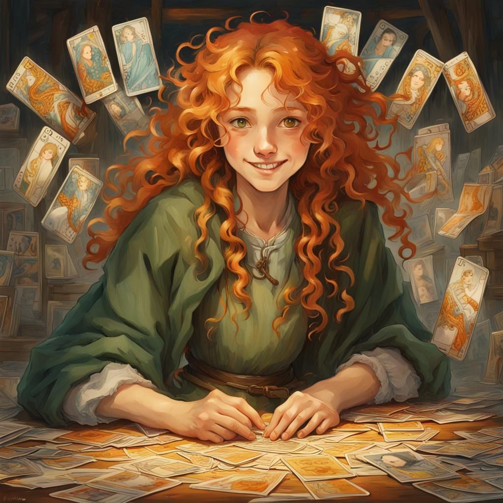 Girl Playing Tarot Cards in Watercolor Style