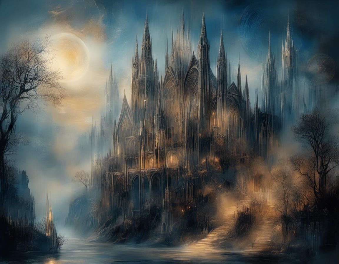Gothic Cathedral at Dawn in a Mystical Mist