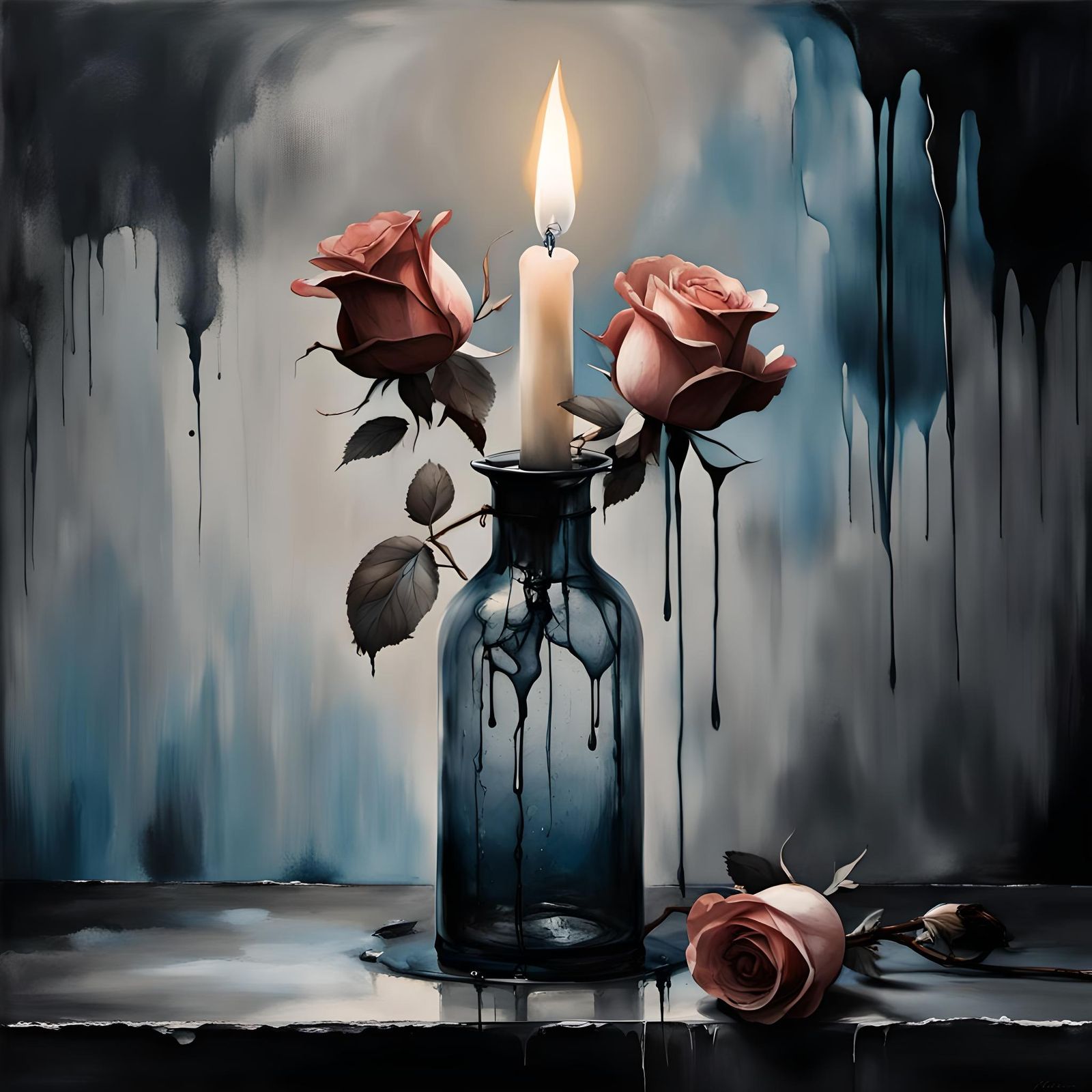 Glass Candle Lamp with Roses in Ink Painting Style