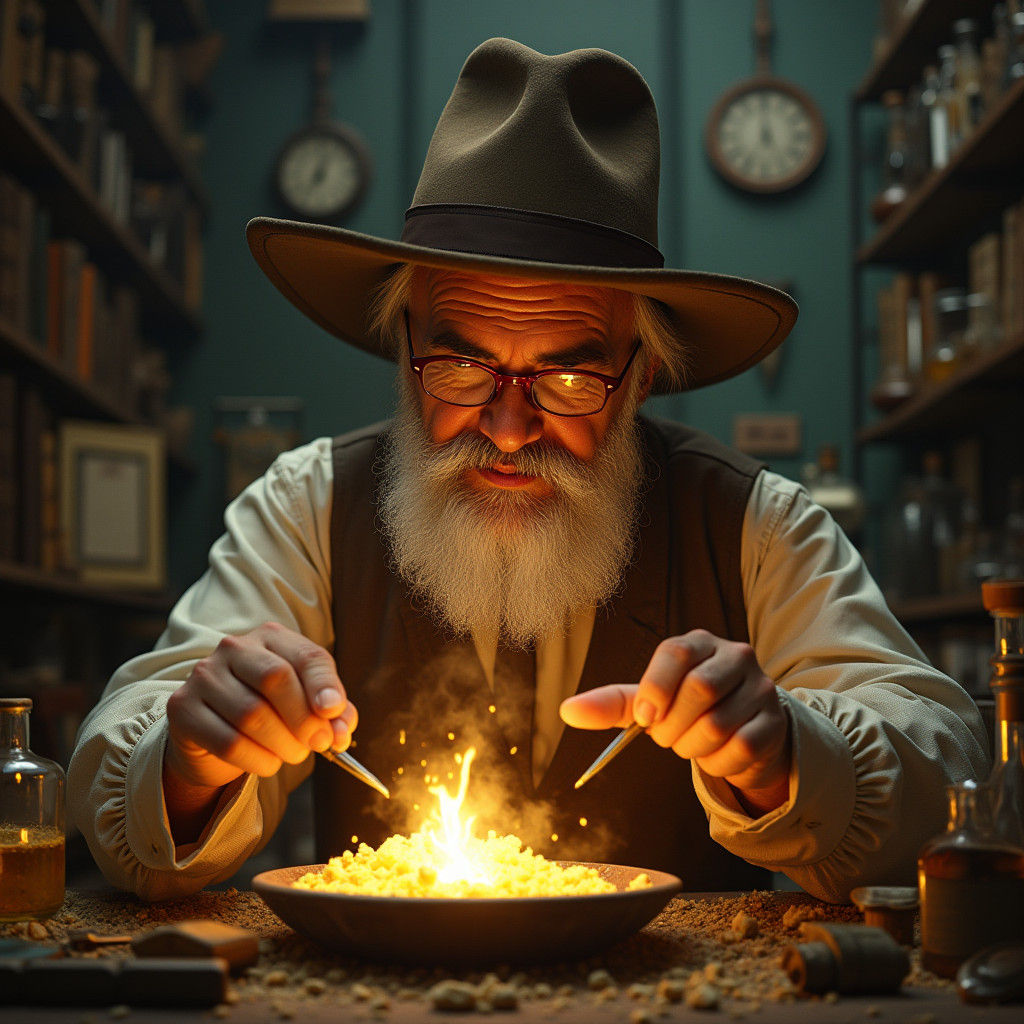 Alchemist Transforming Lead to Gold in Laboratory