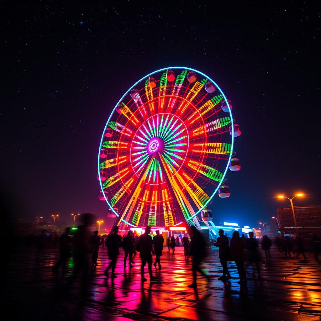Colorful Ferris Wheel at Night, Matte Painting