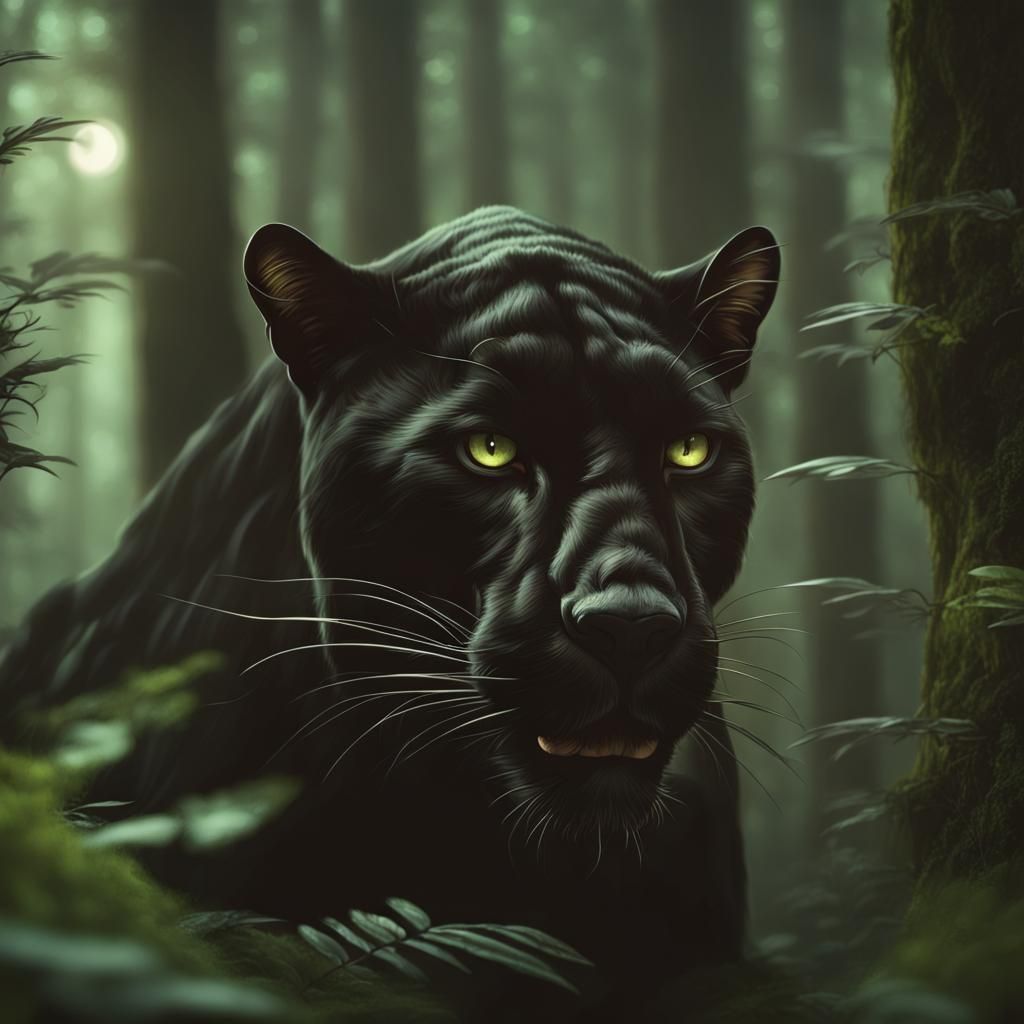 Panther Stalking in Moonlit Forest: Matte Painting