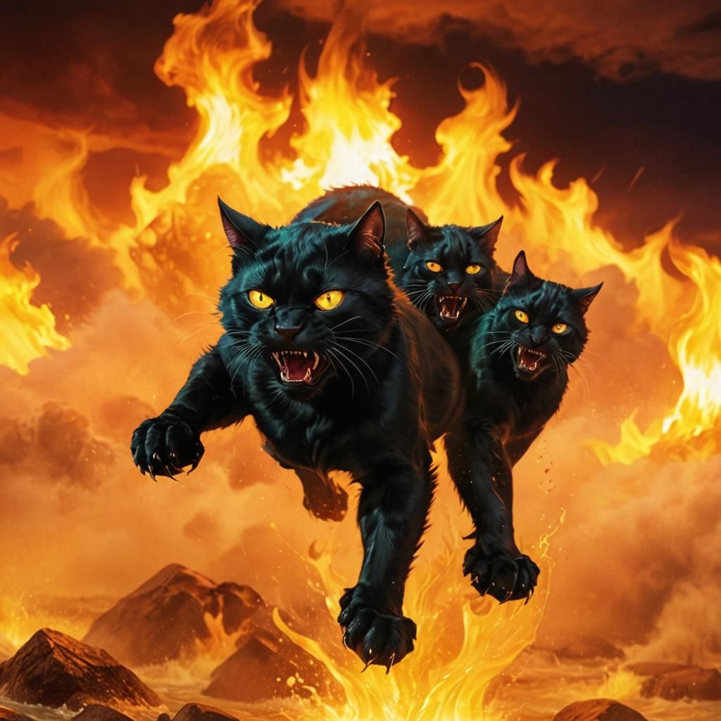 Three-Headed Black Cat in Fiery Waters