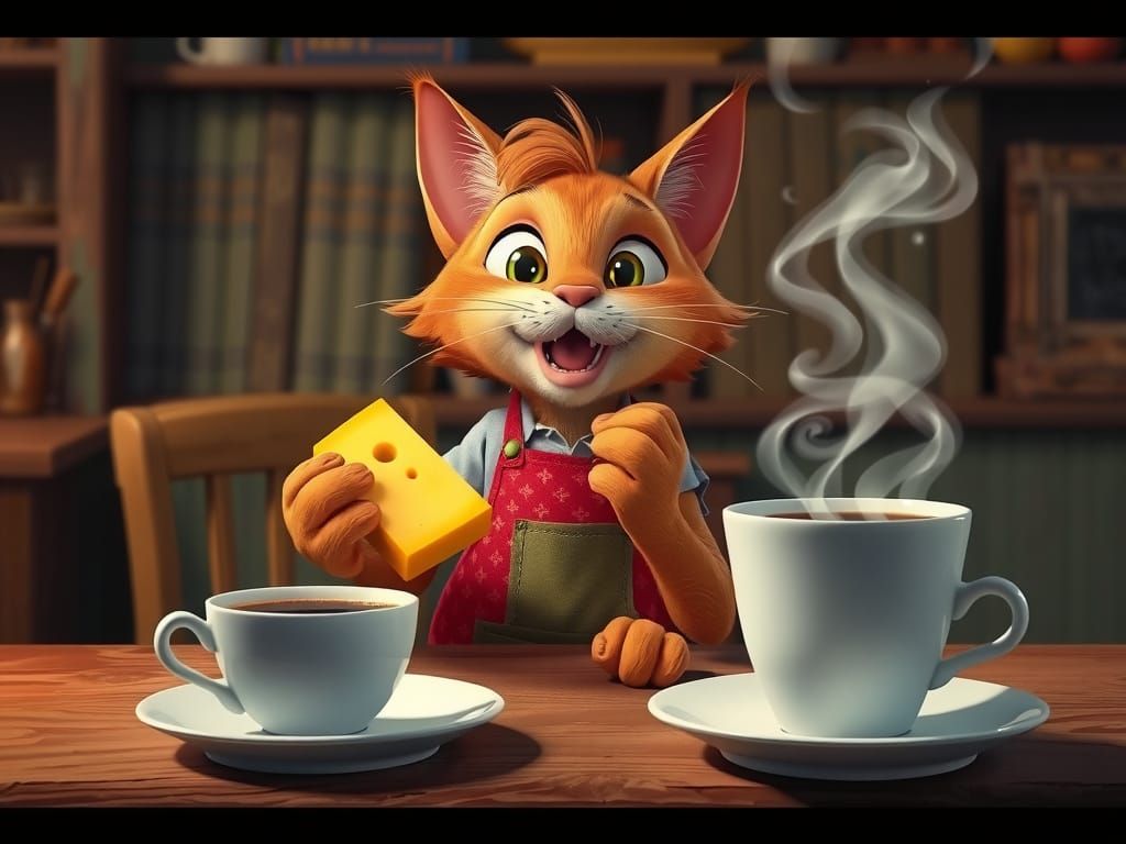 Vibrant Whimsical Cat in Colorful Apron Savoring Biscuit wit...