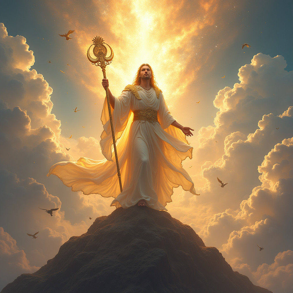 Majestic God-Like Figure on Mountain Peak