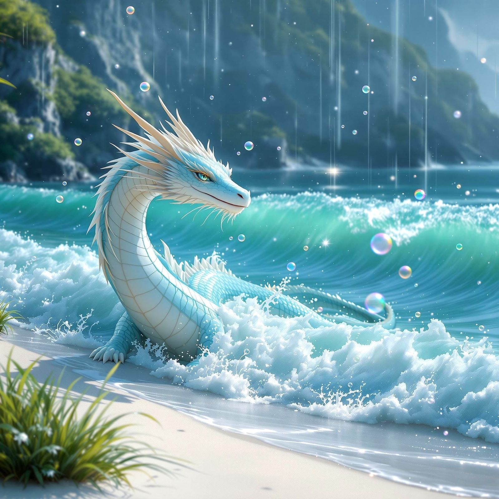 Ethereal Water Dragon in Pristine Bay at Dawn