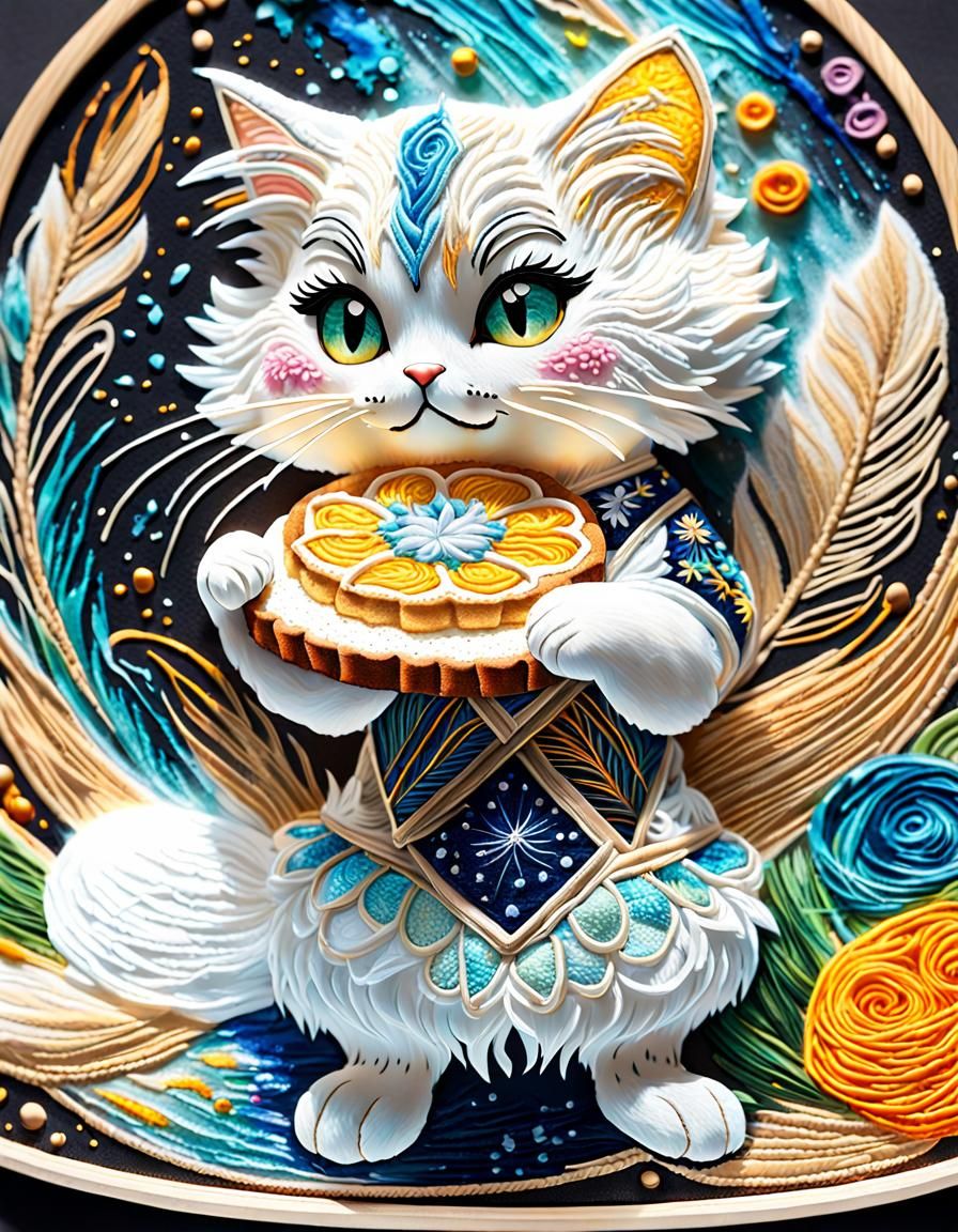 Anthropomorphic Kitten with Bread in Masterwork Embroidery