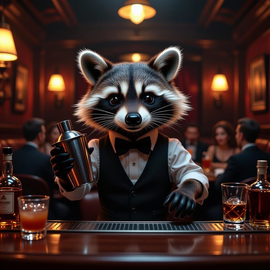 Raccoon Mixologist in Dimly Lit Jazz Club