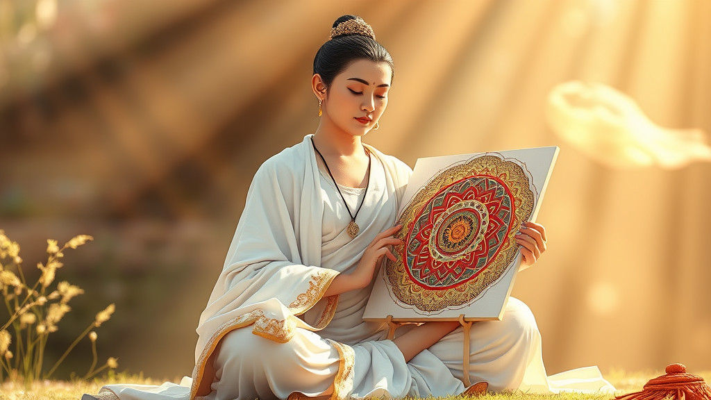 Enlightened Buddha Painting Mandala in Golden Light