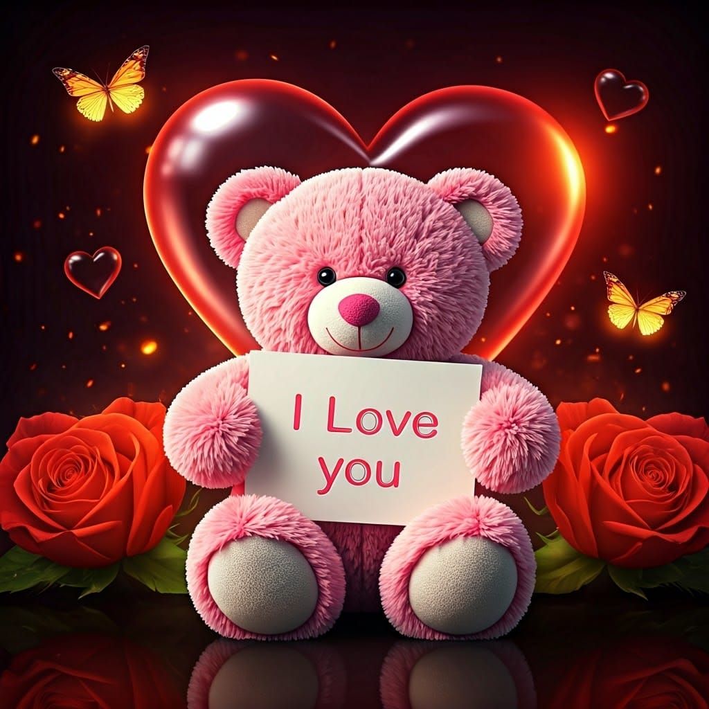 Pink Teddy Bear Holding an I Love You Card