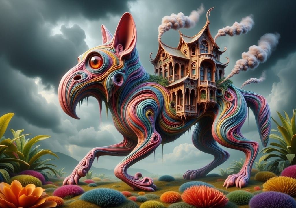 Elegant Canine with Surreal Architecture in Burton Style