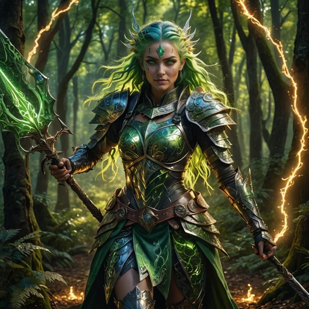 Woman with Glowing Spear, Hyperrealistic Full Body