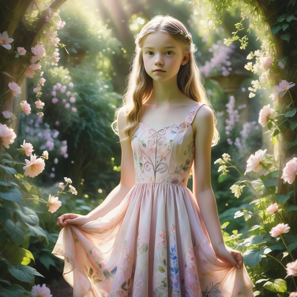 Whimsical Garden Portrait of Girl in Pink Dress
