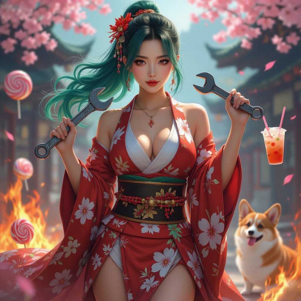 Korean Woman in Sakura Costume with Green Hair and Wrench