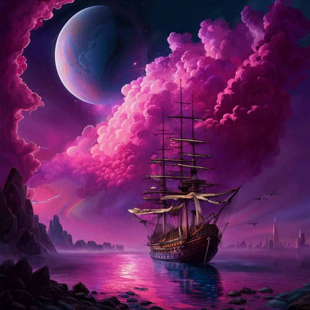 Sci-Fi Moon Over Ocean as Detailed Painting