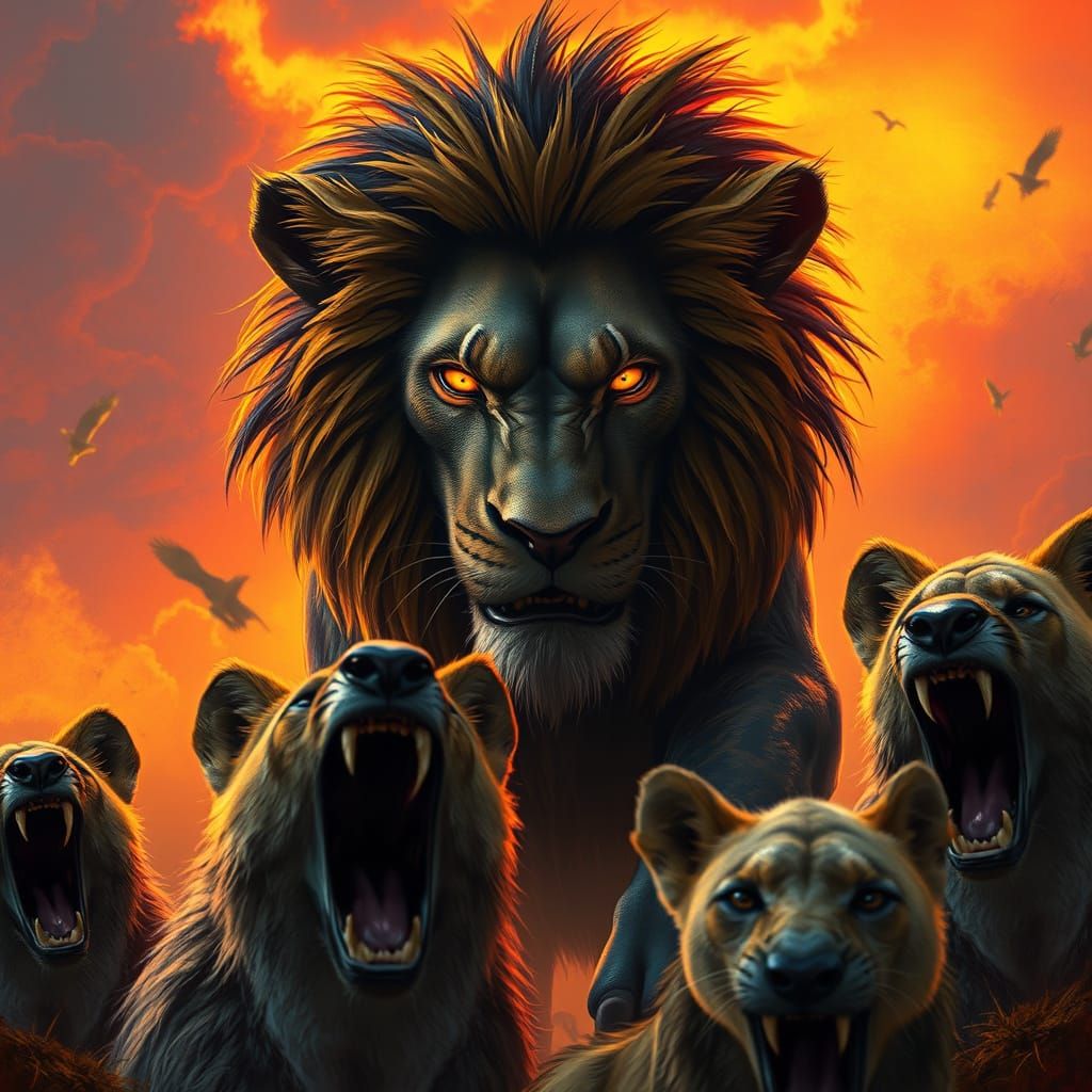 Majestic Scar Triumphs Over Hyenas in Golden Savannah