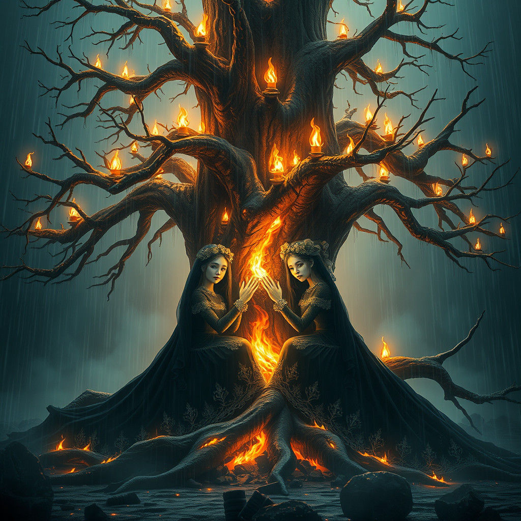 Ethereal Flaming Christmas Tree with Twin Girls