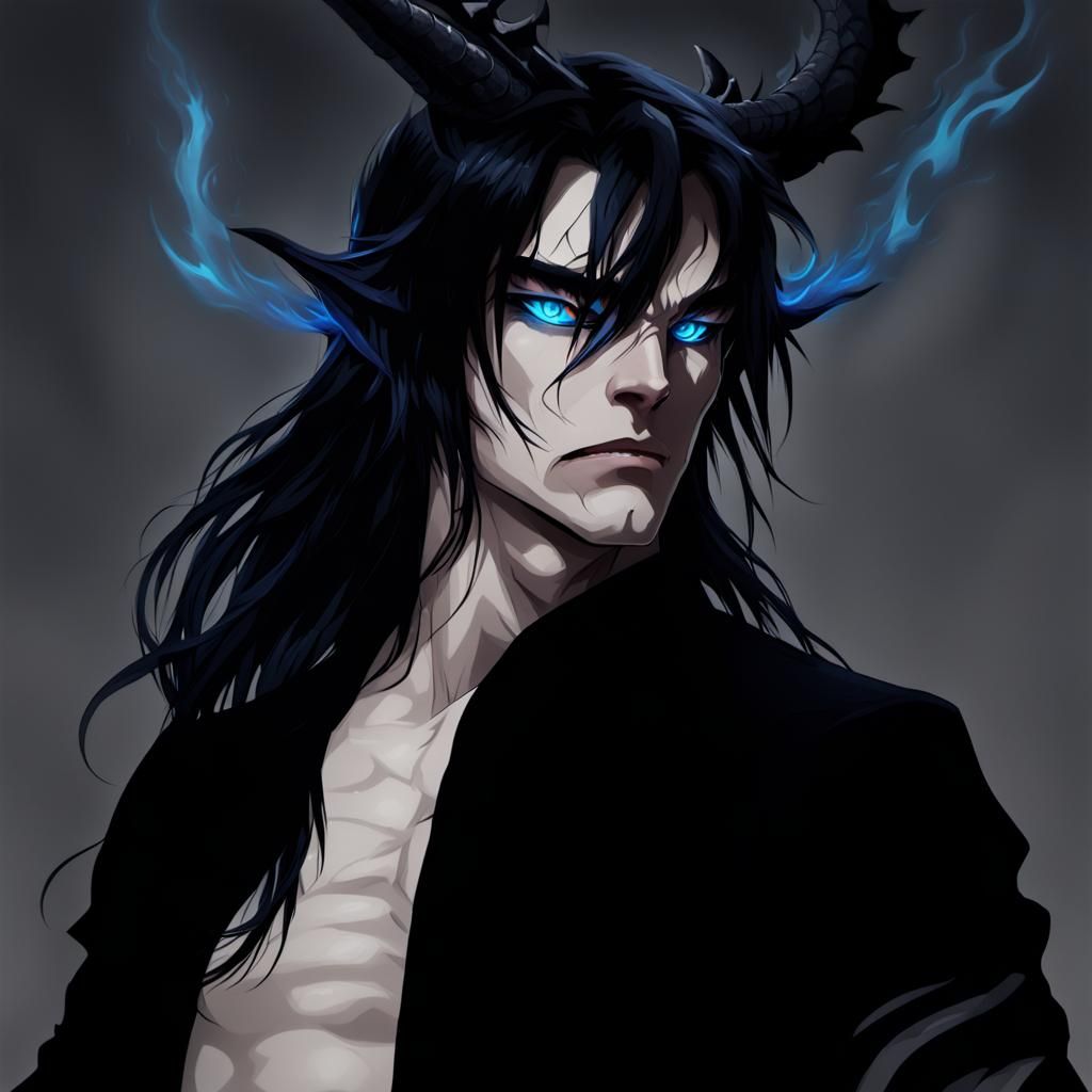 Demon Dragon with Blue Flames and Black Hair