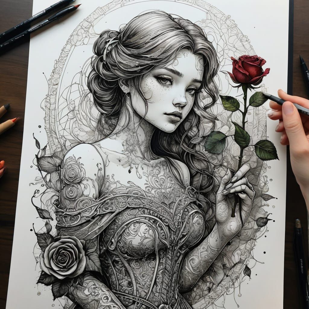 Belle Holding a Rose in Detailed Pen and Ink