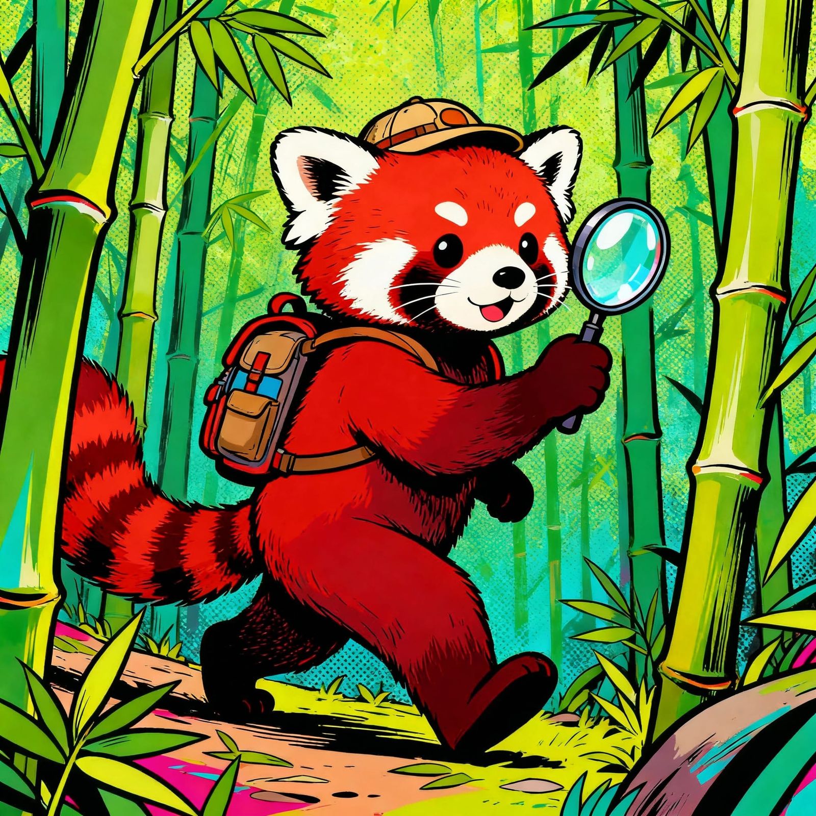 Red Panda Explorer in Vibrant Bamboo Jungle, Pop Art Style