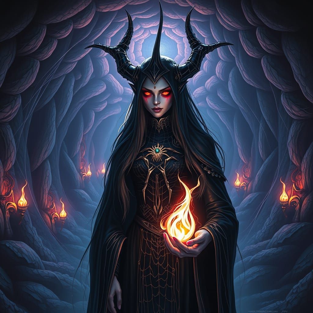 Drow Priestess in Underdark Chamber