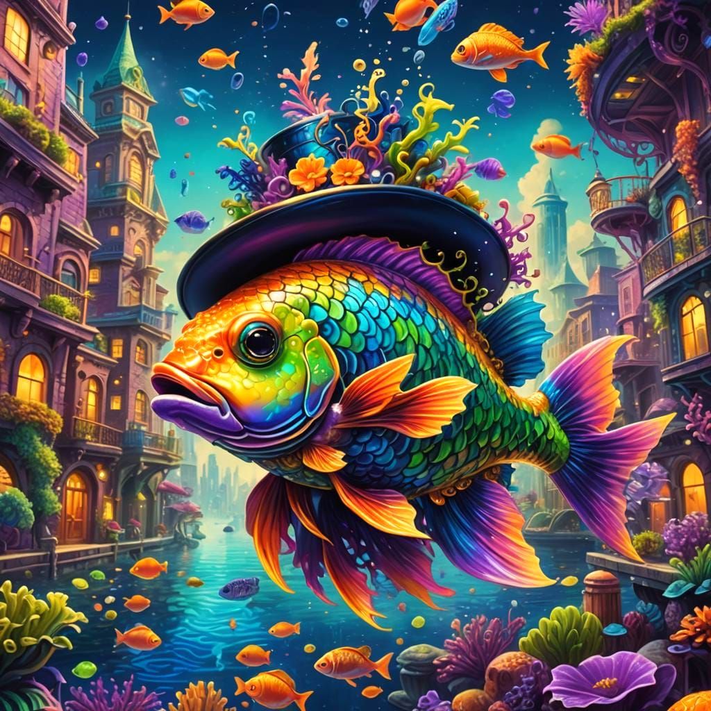 Lisa Frank Fish in Top Hat