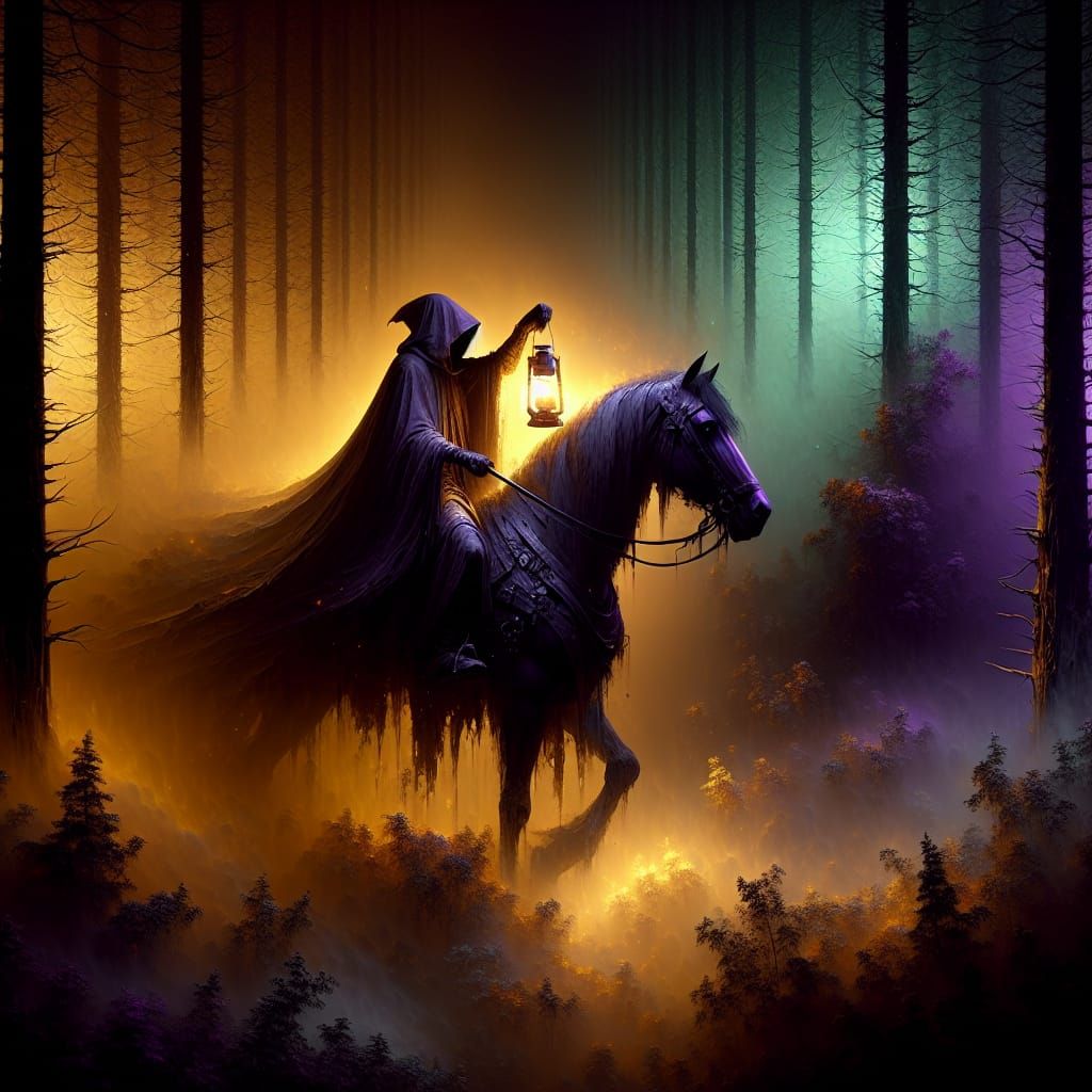 Mysterious Rider in Foggy Forest, Dark Fantasy Style