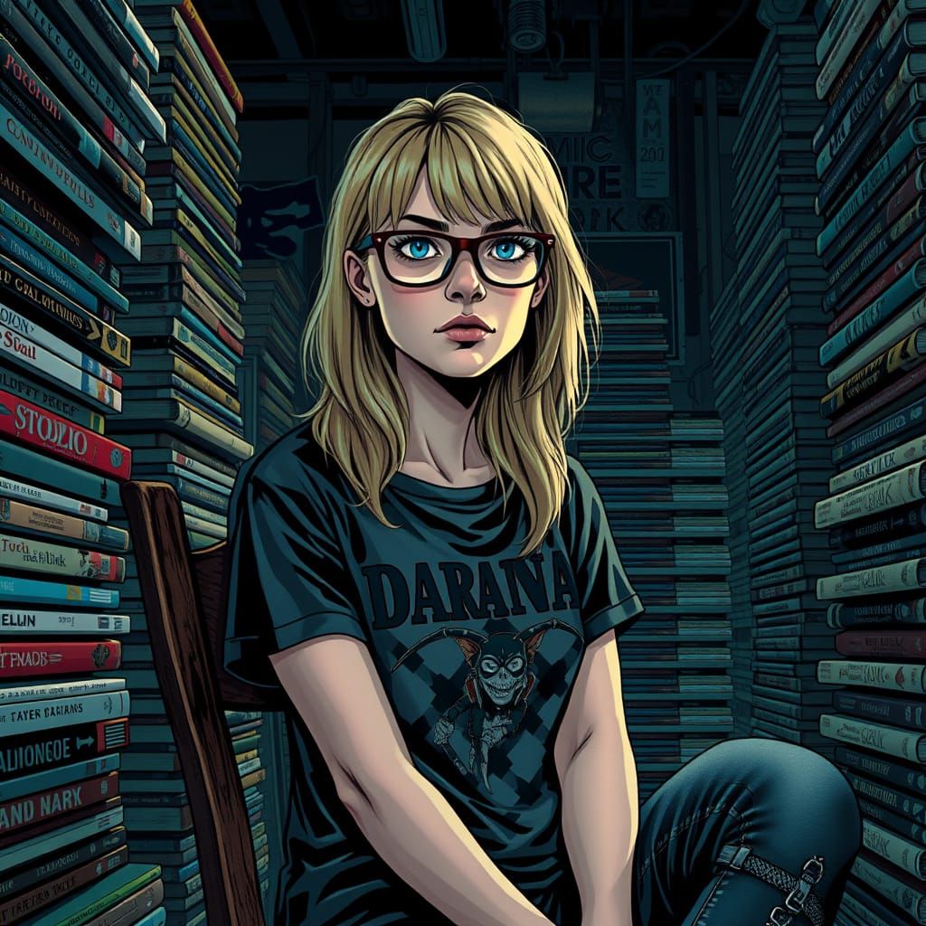 Nerdy Blonde Woman Surrounded by Graphic Novels in a Dimly L...