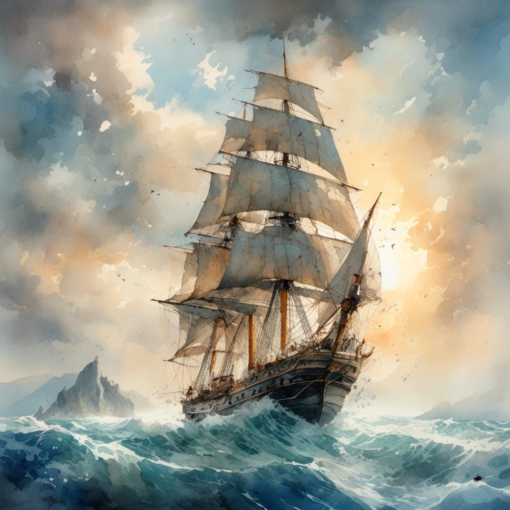 Watercolor Schooner Sailing on High Seas