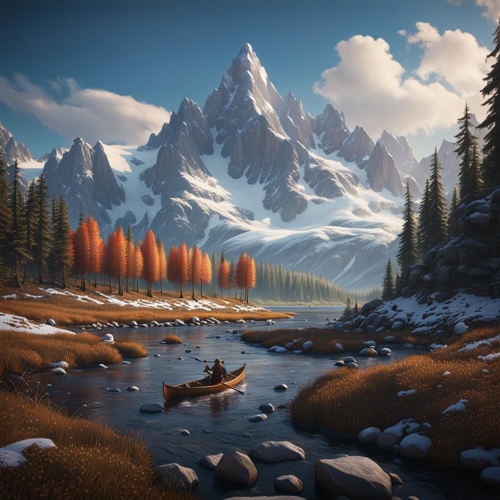 Rugged River Landscape with Canoe and Distant Mountain