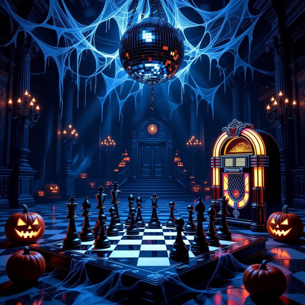 Gothic Chess Halloween Ballroom with Jukebox & Disco Ball