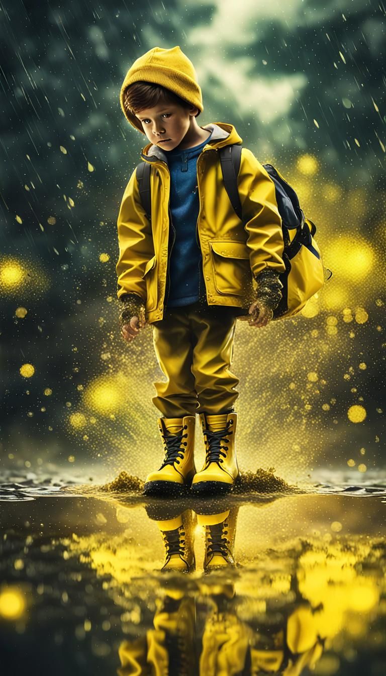 Boy Splashing in Puddle Reflecting Yellow Nebula