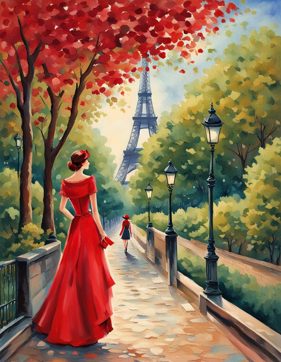 Eiffel Tower View: Woman in Red Dress