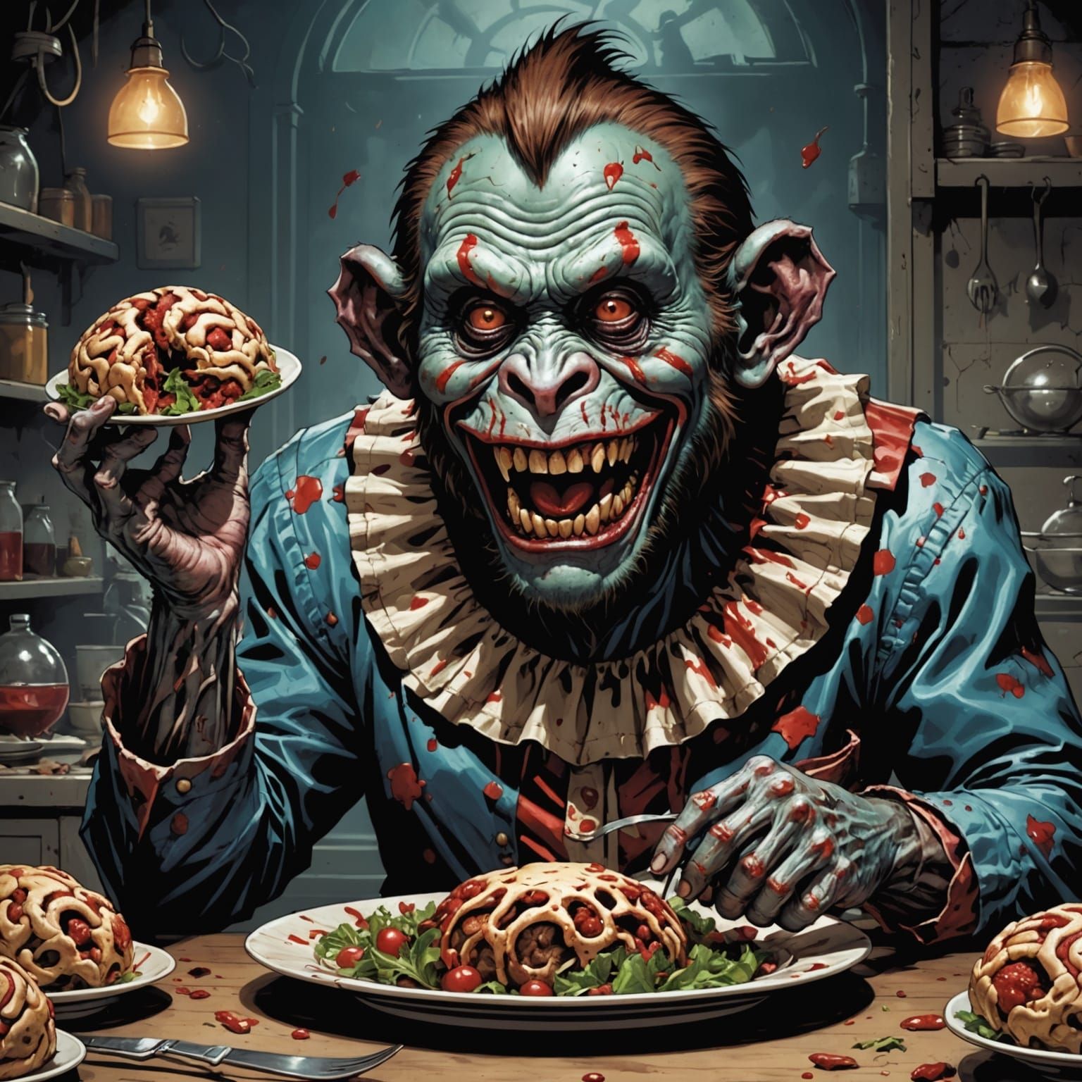 Surreal Clown Prepares to Devour a Human Brain in a Dark, Co...