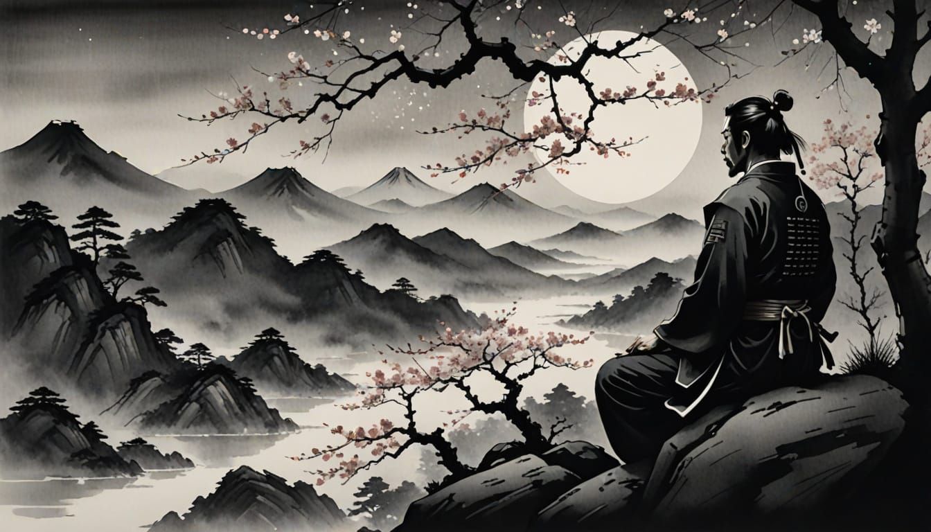 Samurai Meditation: Sumi-e Ink Wash Painting in Moonlit Scen...