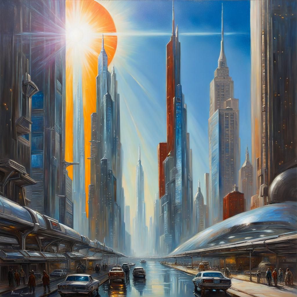 Chrome Future Cityscape: Lens Flare Oil Painting