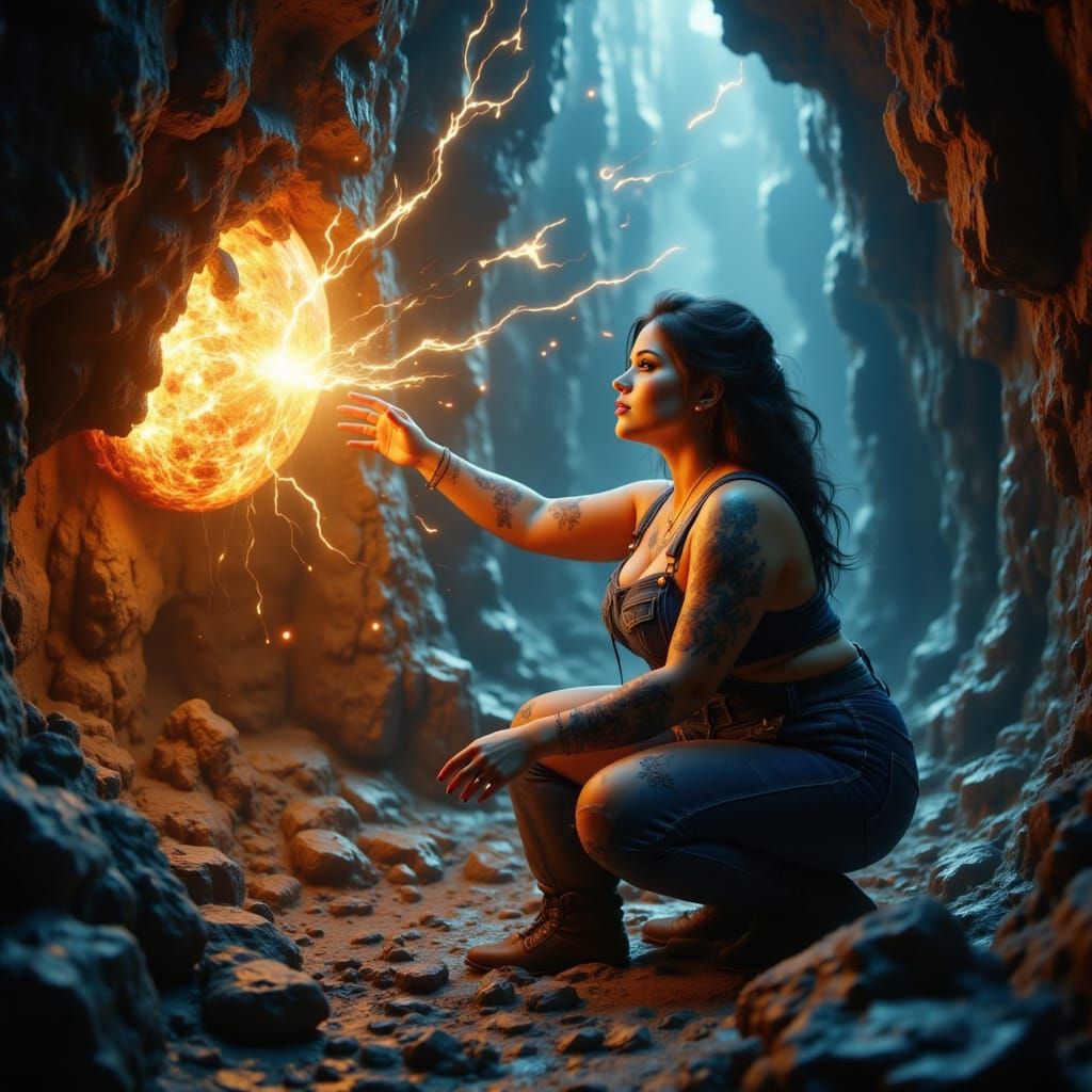 Chubby Woman Touches Glowing Boulder in Cave