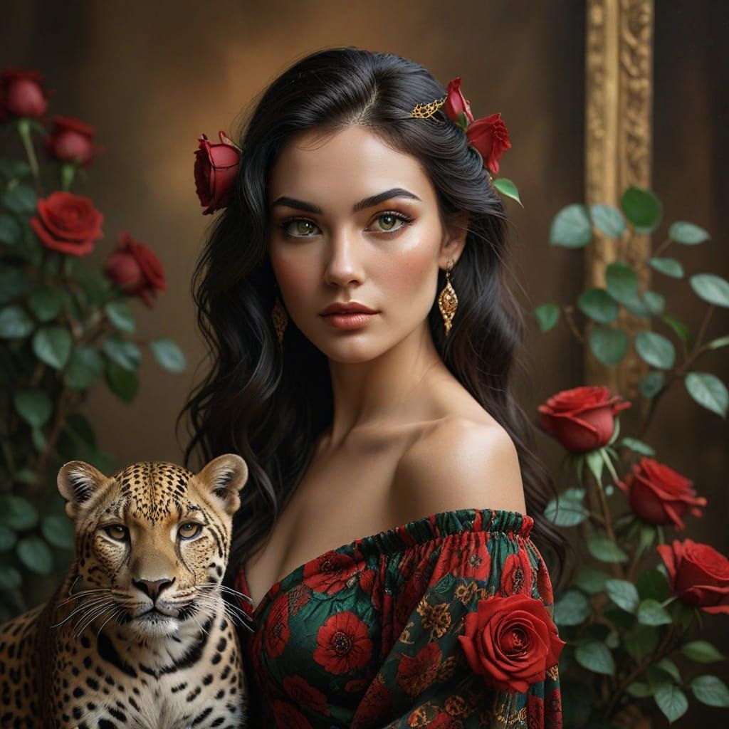 Hyperrealistic Portrait of a Beautiful Woman with Leopard an...