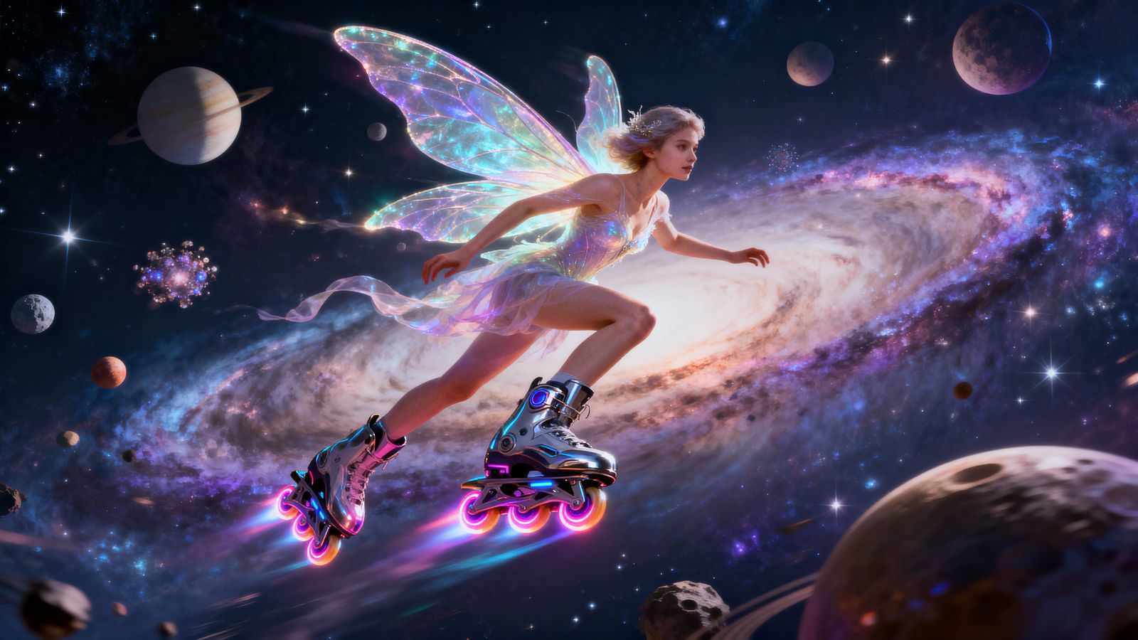 Surreal Fairy Riding Rocket Skates in Outer Space
