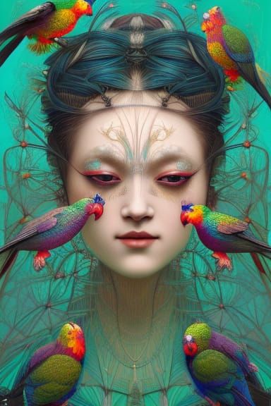 Rococopunk Woman Portrait Made of Lorikeets