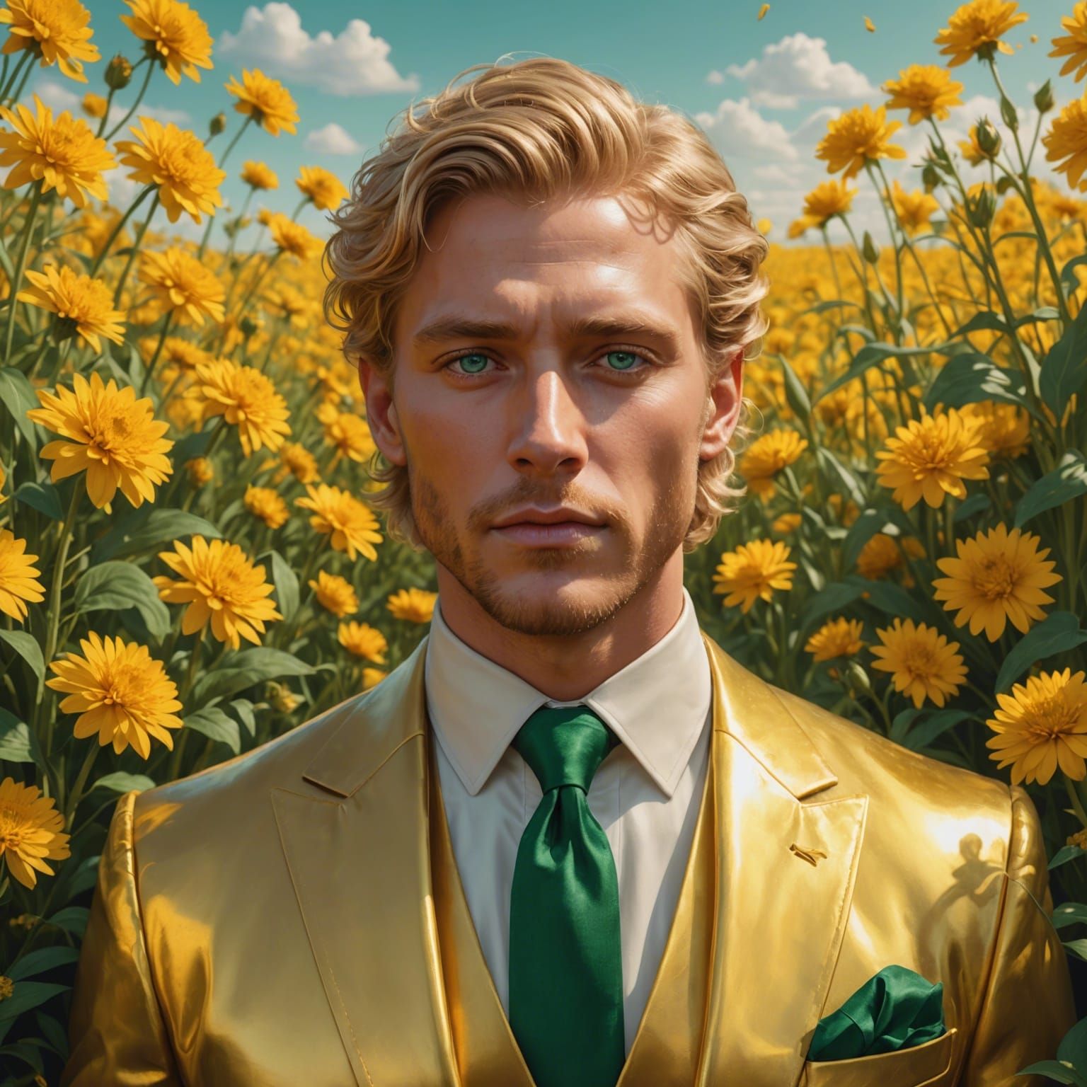 Golden Man in Flower Field Portrait