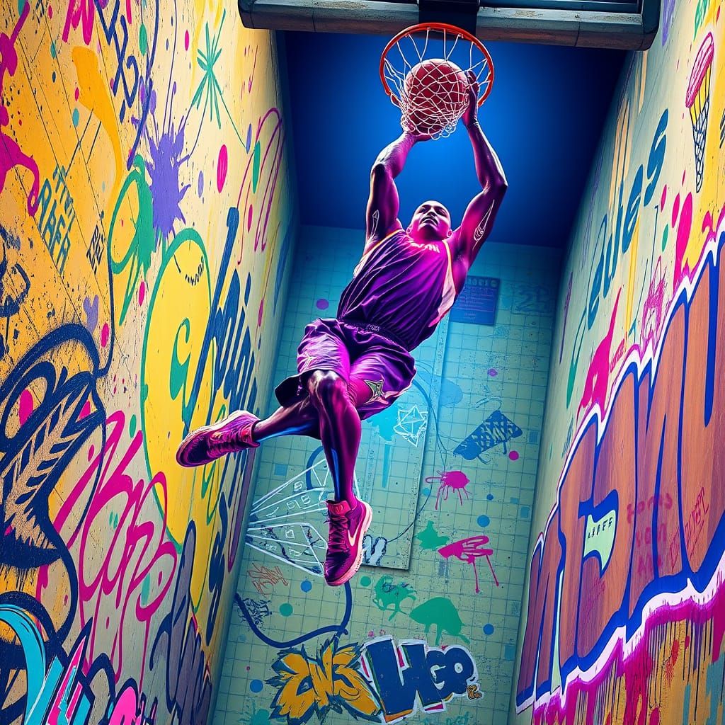 Cyberpunk Basketball Player Dunks in Neon Graffiti Arena